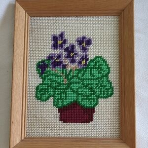 Vintage Needlepoint Framed African Violets Picture.